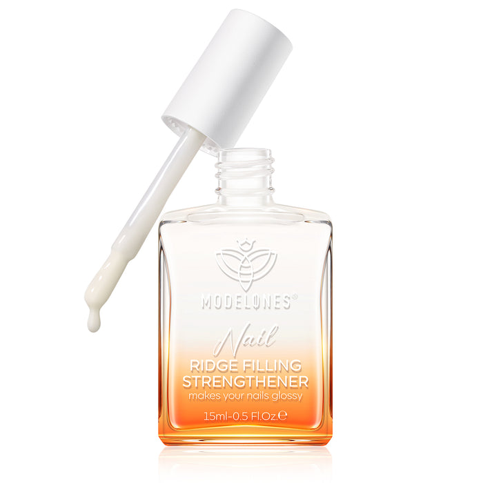 A partially opened bottle of MODELONES 3 Pcs Nail Ridge Filling Strengthener 2 in 1, with a white cap and brush applicator. The clear, orange-gradient 15ml bottle fills ridges for smoother nails. #pearl-white