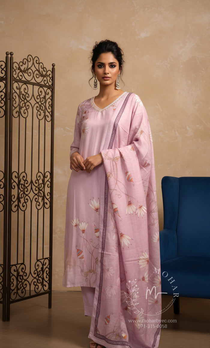 Soft Pink Embroidered Salwar Suit with Sheer Dupatta