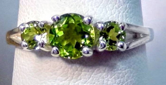 Solid Sterling Silver or Solid 14kt White, Yellow, or Rose Gold Natural Peridot Three Stone Ring Size 7 Cluster, Trifecta, VVS Eye Clean