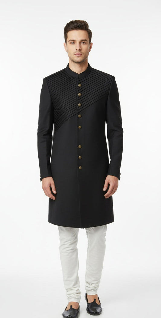 Sophisticated Black Diagonal Pleated Sherwani