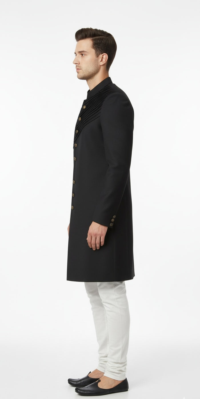 Sophisticated Black Diagonal Pleated Sherwani