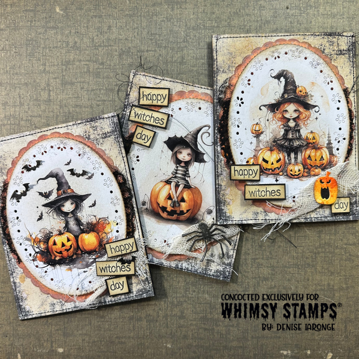 Three handmade Halloween cards featuring whimsical witch illustrations, pumpkins, bats, spiders, and layered paper details with the phrases 'happy witches day'.