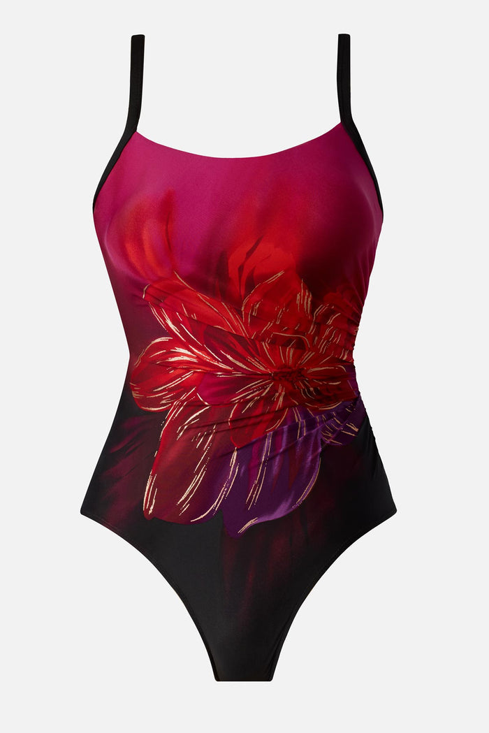 Red, pink and purple floral printed one-piece swimsuit with and ombre gradient