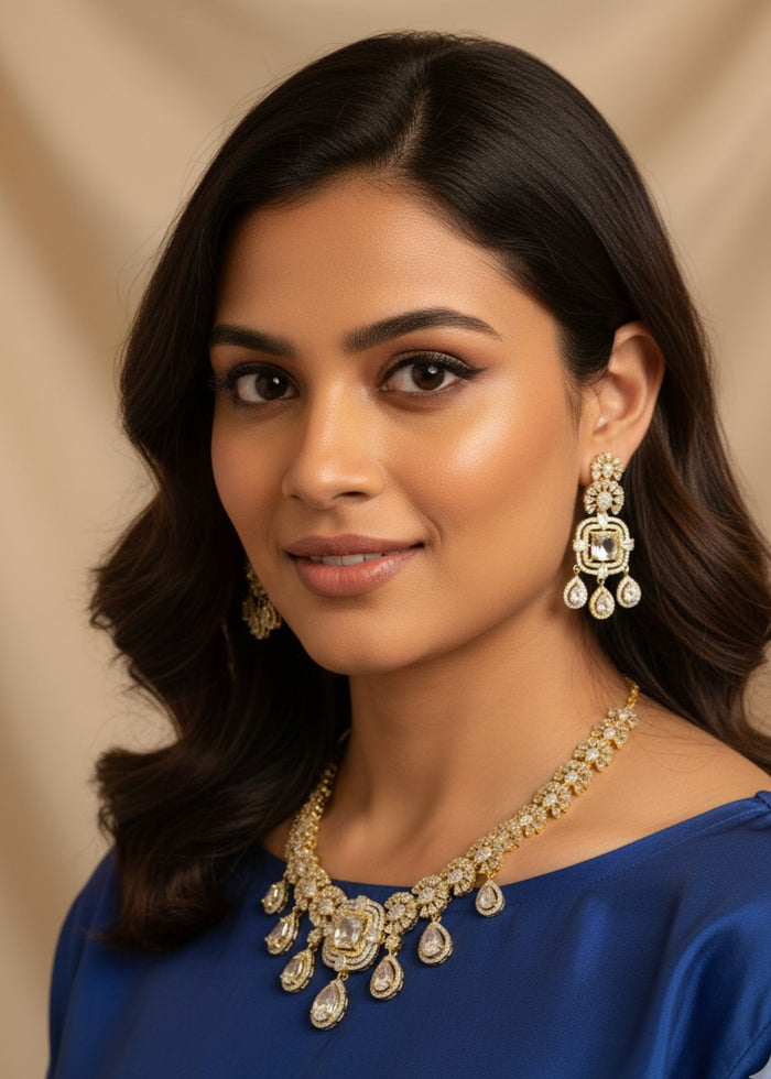 MOHAR royal blue teardrop-cut crystal necklace set with American Diamond stones
