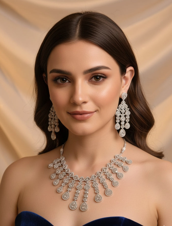 MOHAR statement cubic zirconia necklace set with clear white stones