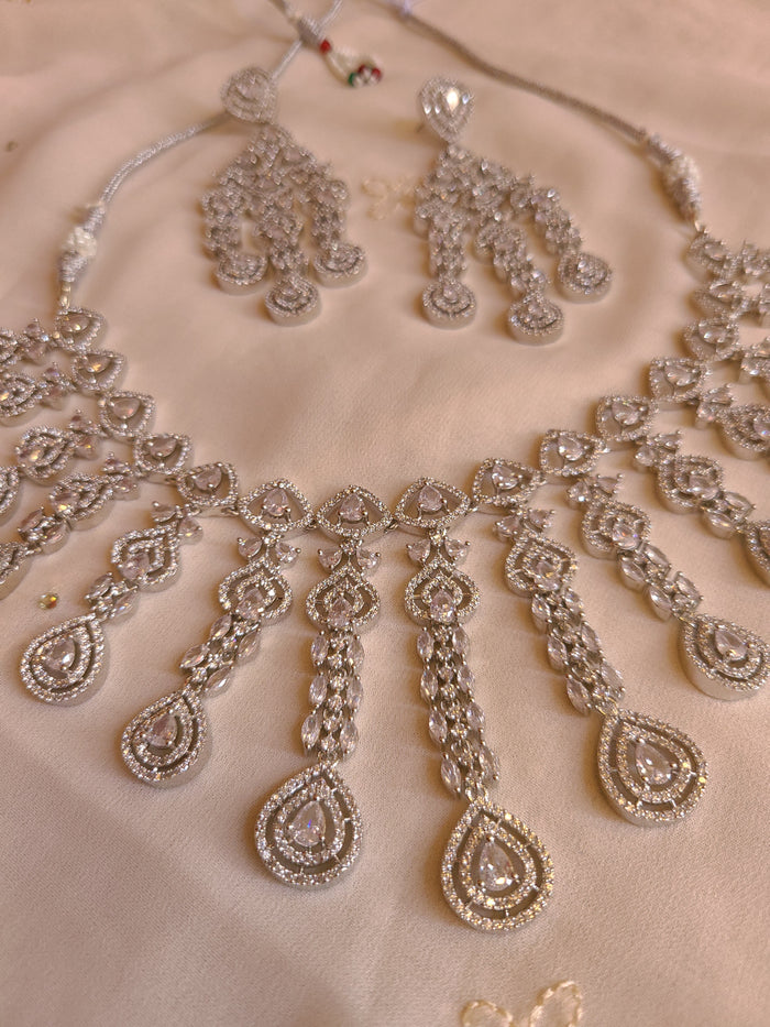 MOHAR statement cubic zirconia necklace set with clear white stones