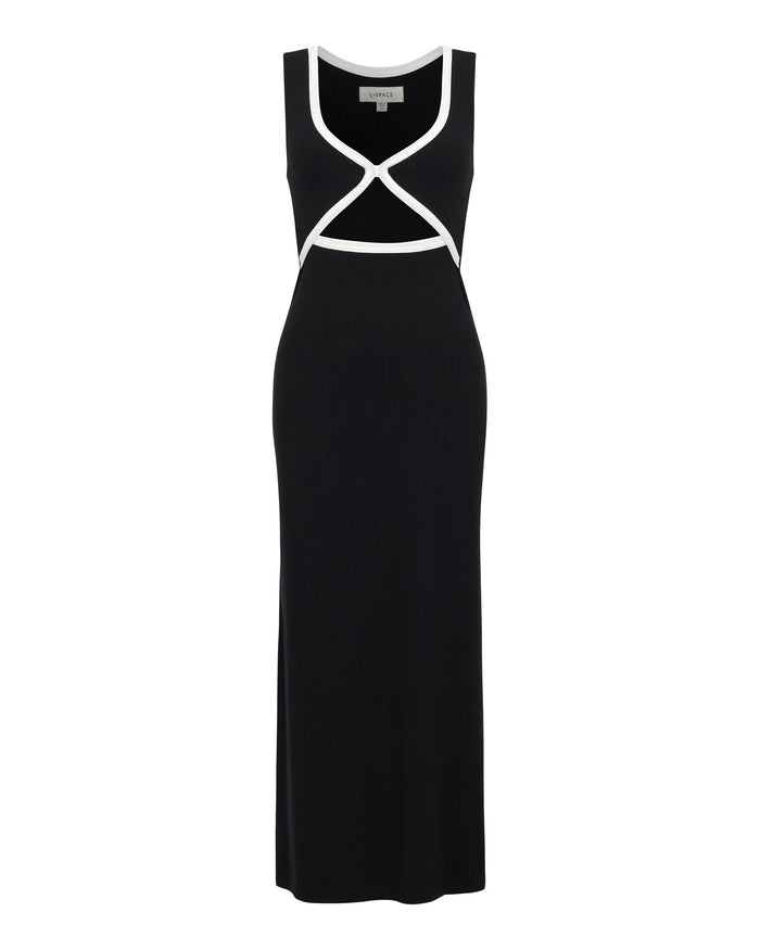 Off-model view of the LSPACE Steph Dress in black-cream, a form-fitting maxi dress with a crossover cut-out bodice featuring cream contrast trim and a sleek black maxi skirt.