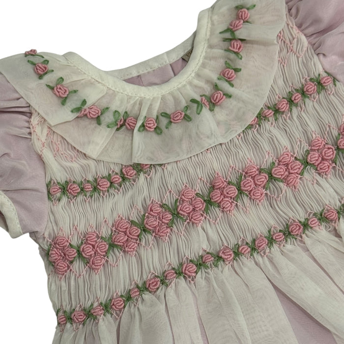 Storybook Pink Handsmocked and Handembroidered Organza Romper