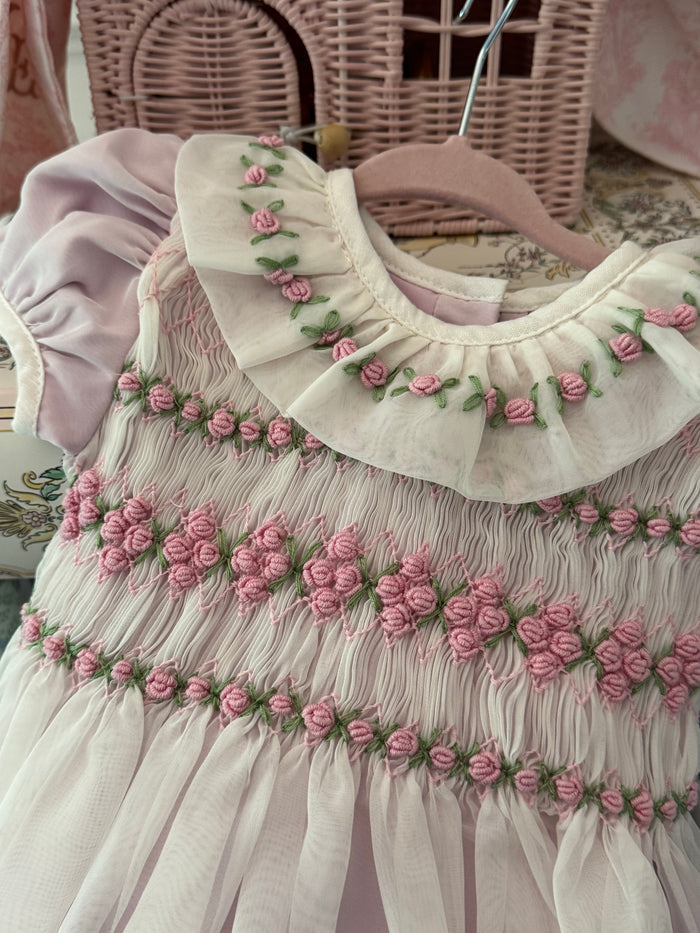 Storybook Pink Handsmocked and Handembroidered Organza Romper