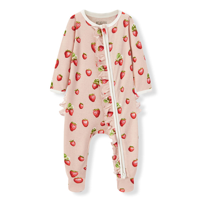 Strawberry Organic Cotton Ruffle Footed Romper - Babies in Bloom
