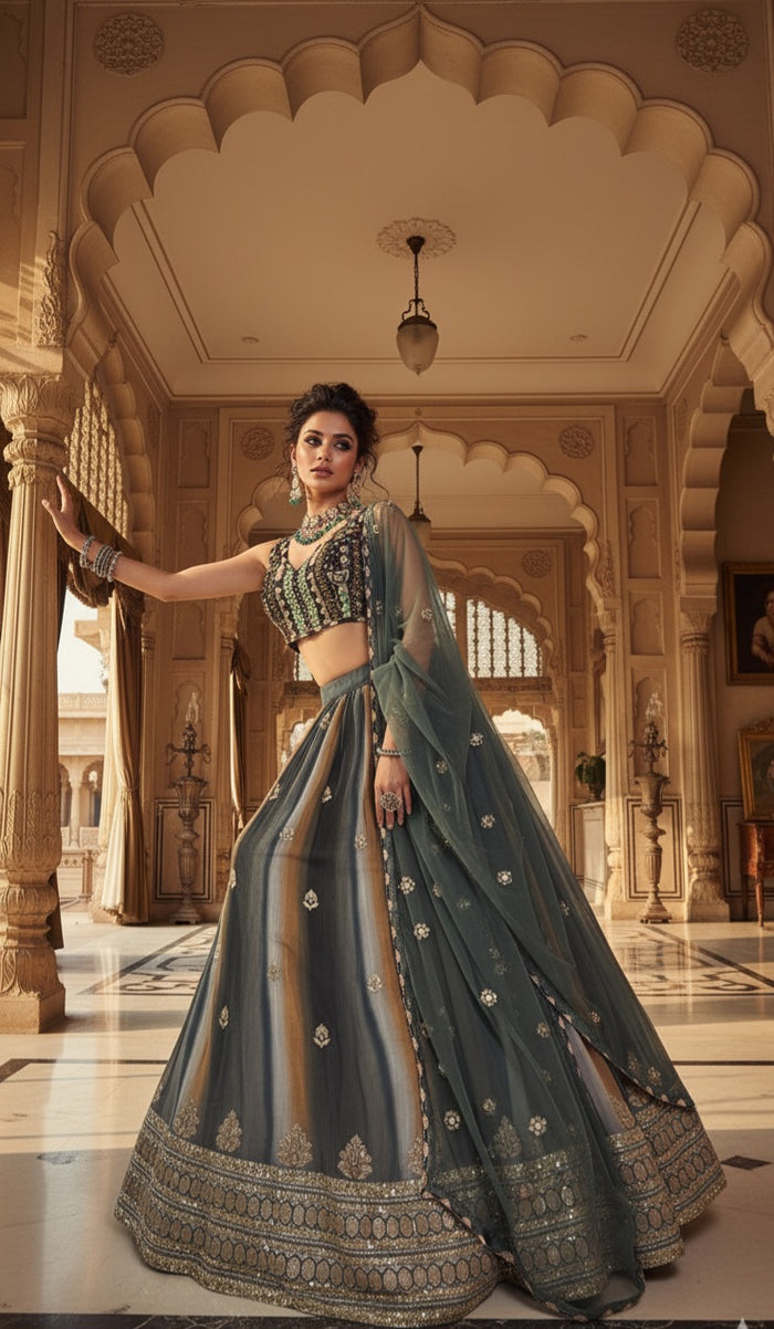 Striped Sage Lehenga