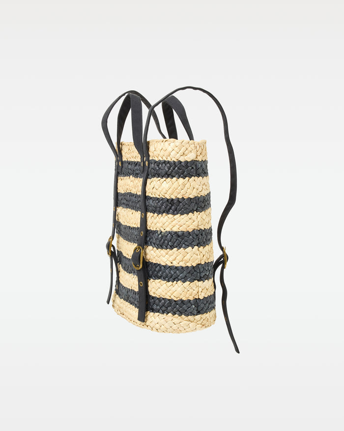 Side view of the Summer Days Backpack in natural-black showing the strap and buckle detail.
