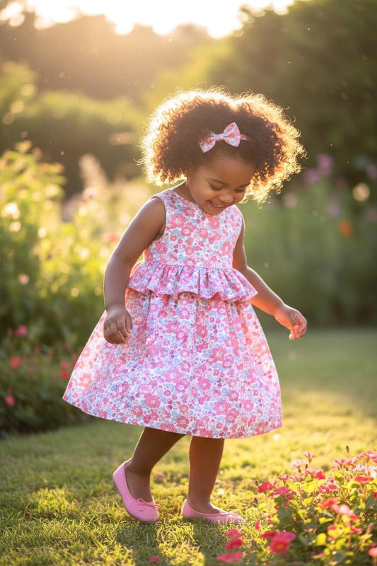 Summer Pink Liberty Sun Dress: Ditsy Floral Cotton, Pretty Ruffle Waist Sleeveless