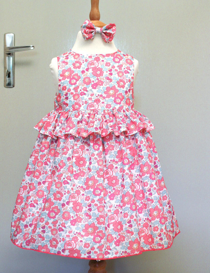 Summer Pink Liberty Sun Dress: Ditsy Floral Cotton, Pretty Ruffle Waist Sleeveless
