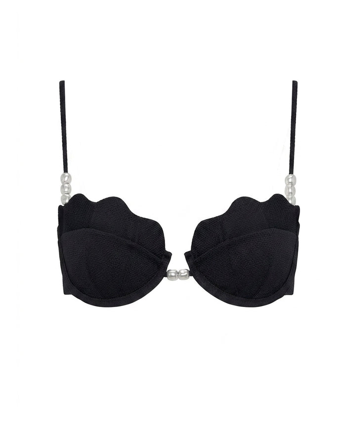 LSPACE Sunrise Shell bikini top in black, off-model flat lay.