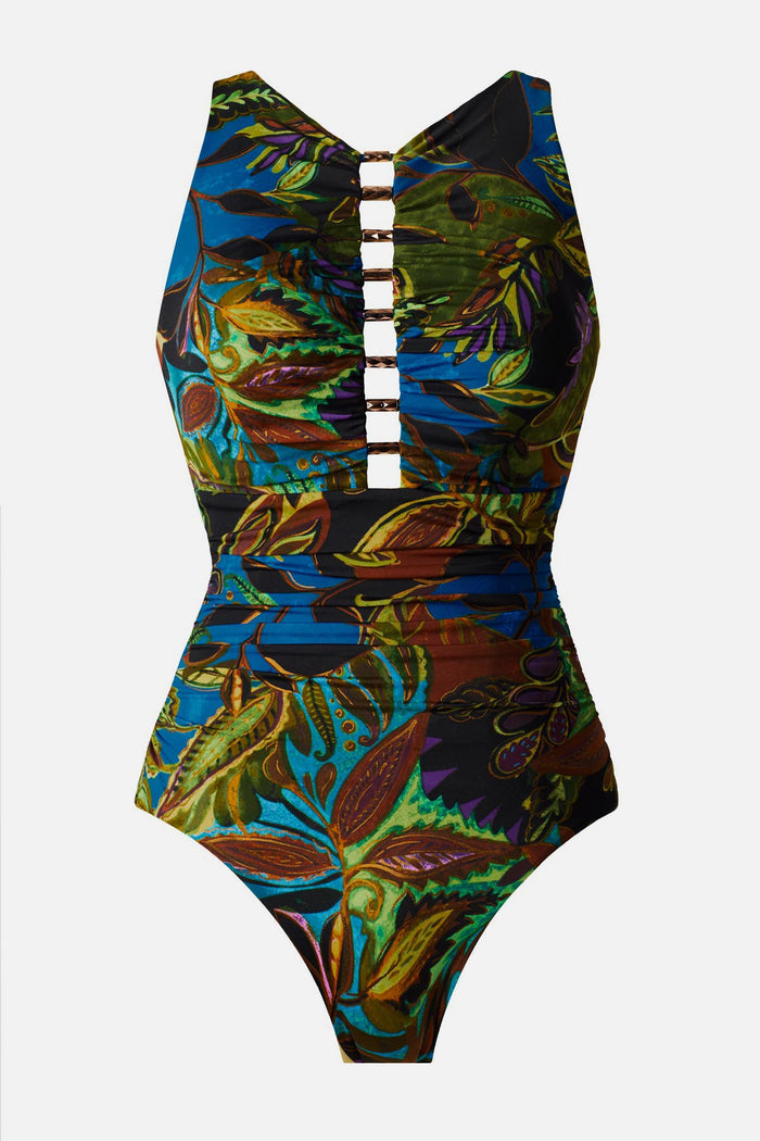 Multicolored abstract tropical printed one-piece swimsuit with beaded cutout detail down the front