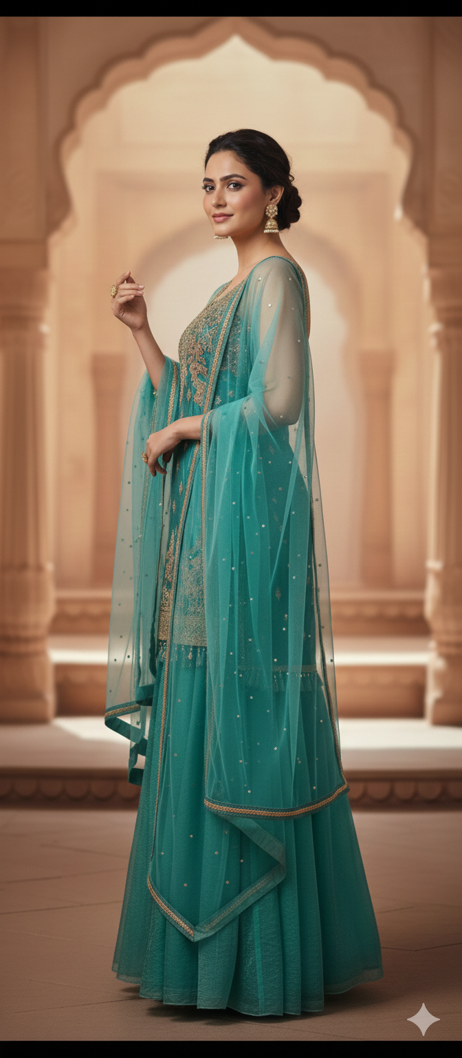 Teal Blue Sharara Set
