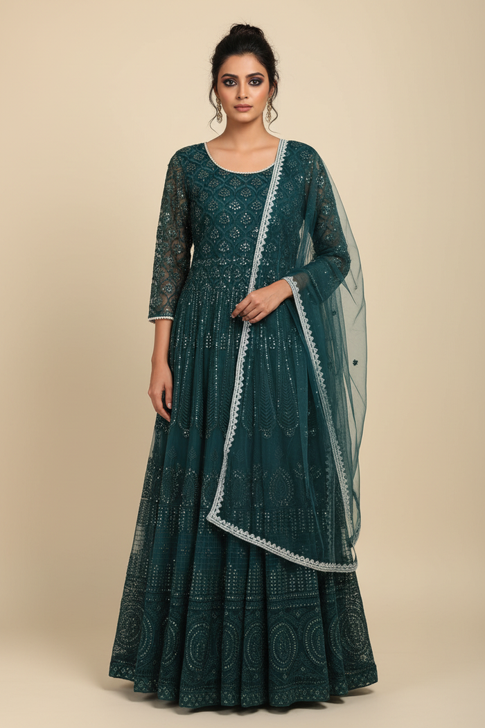 Model wearing dark teal anarkali set - front pose