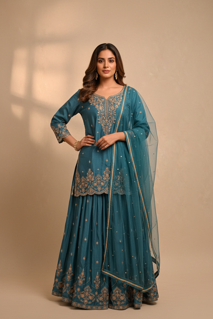 Teal embroidered sharara set - front pose