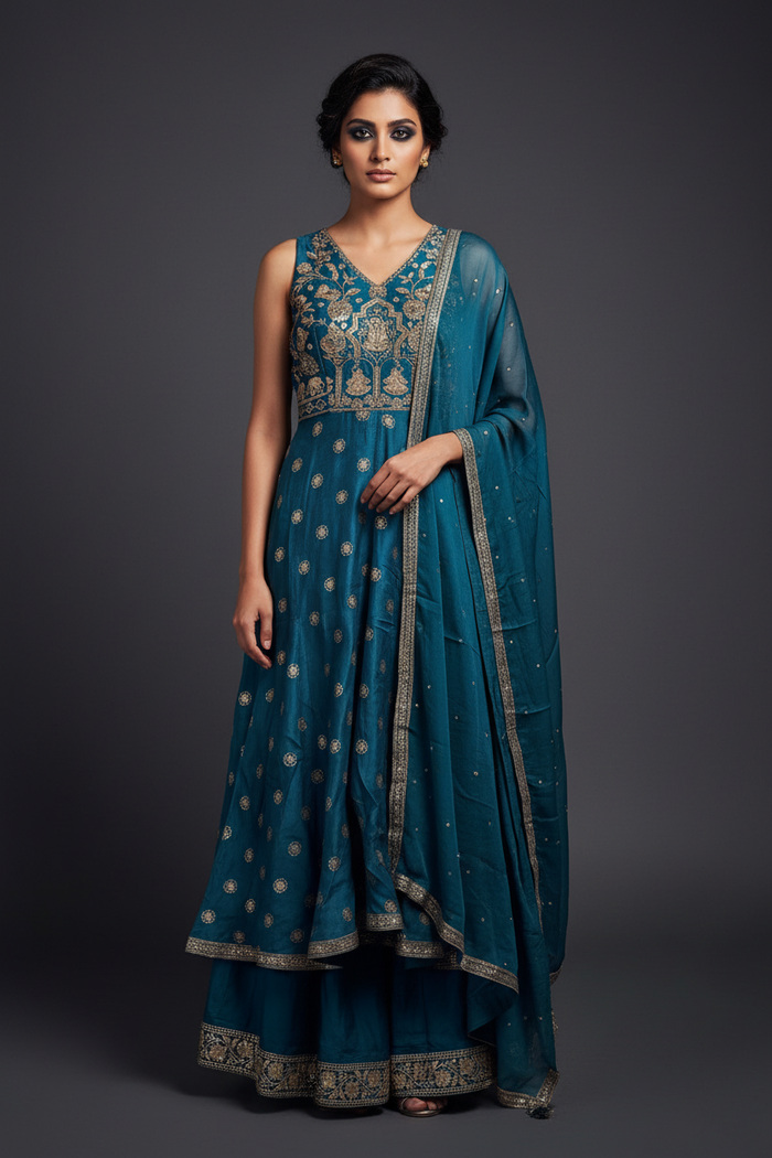 Teal embroidered sharara set - front facing pose