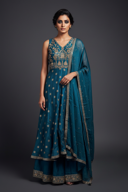 Teal embroidered sharara set - front facing pose