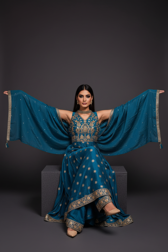 Teal embroidered sharara set - seated pose showing embroidery detail