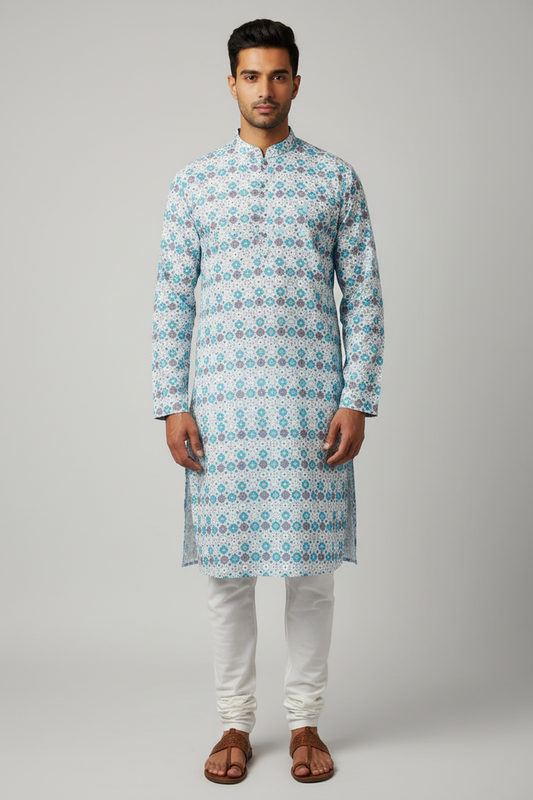 Male model wearing teal geometric print kurta set with kolhapuri sandals - front pose
