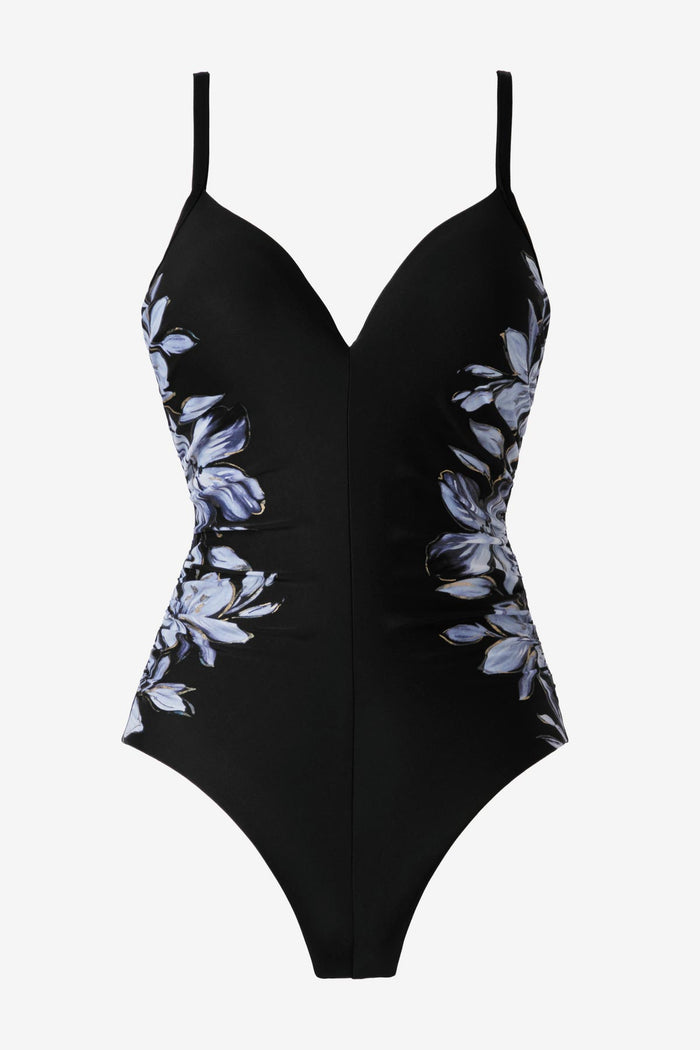 Black and white floral printed one-piece swimsuit with the design on each side