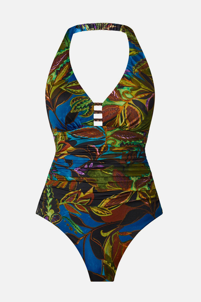 Multicolored abstract printed one-piece swimsuit