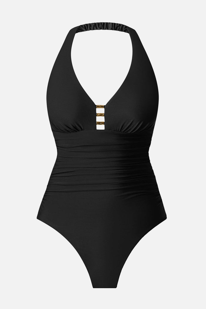 Black one-piece swimsuit with bead details in the front