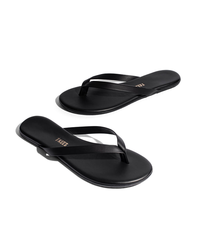 Off-model angled view of the TKEES Boyfriend Sandals in black.