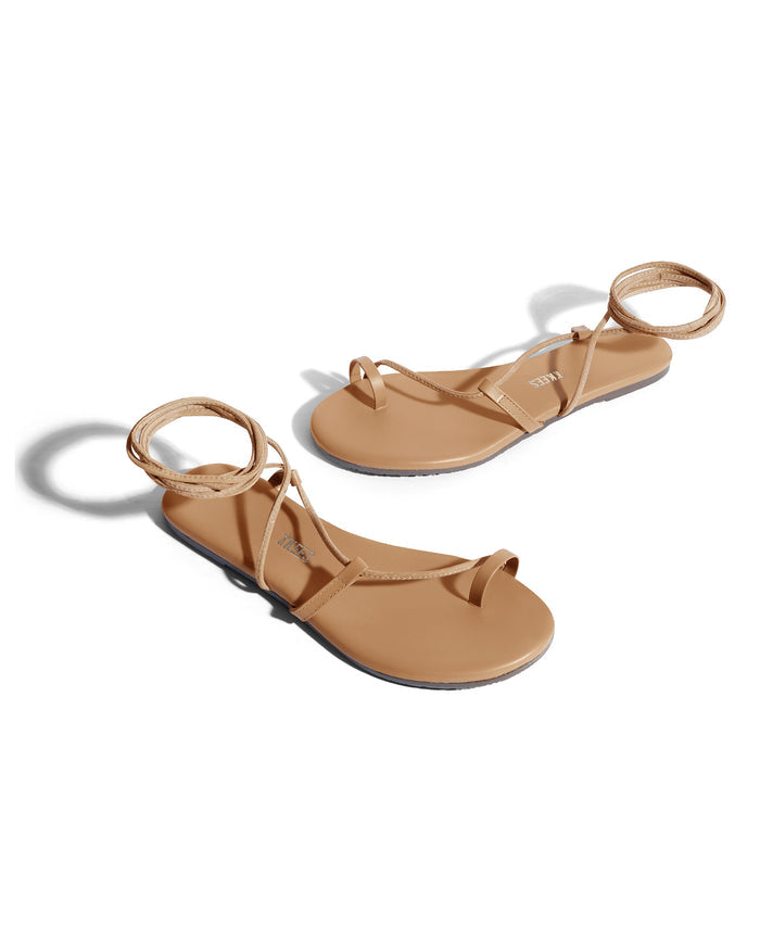 Off-model angled view of the TKEES Joe Sandals in hazelton showing the strappy lace-up design with ankle tie.