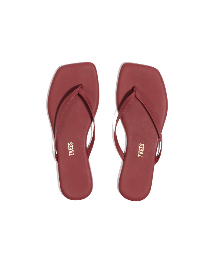 Top view of the TKEES Square Toe Lily Sandals in burgundy.