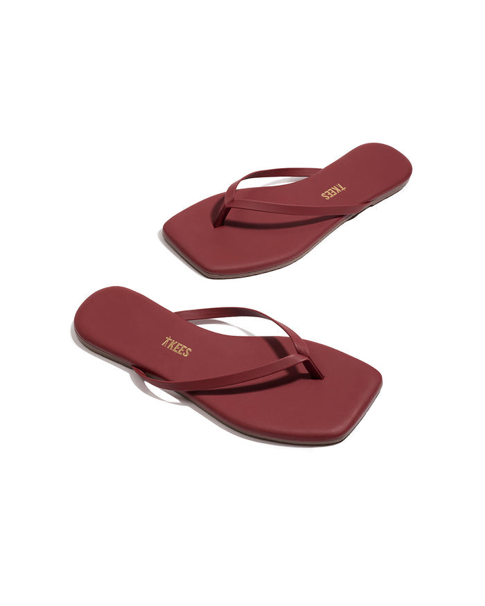 Off-model angled view of the TKEES Square Toe Lily Sandals in burgundy.