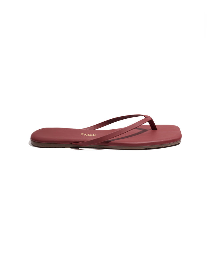 Side view of the TKEES Square Toe Lily Sandals in burgundy.
