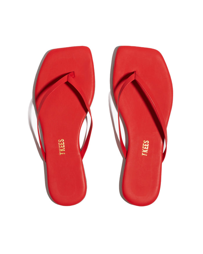 Top view of the TKEES Square Toe Lily Sandals in red.
