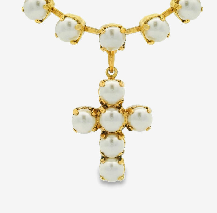 TOVA Baby Donatella necklace styled, showing the handmade pearl and crystal design.