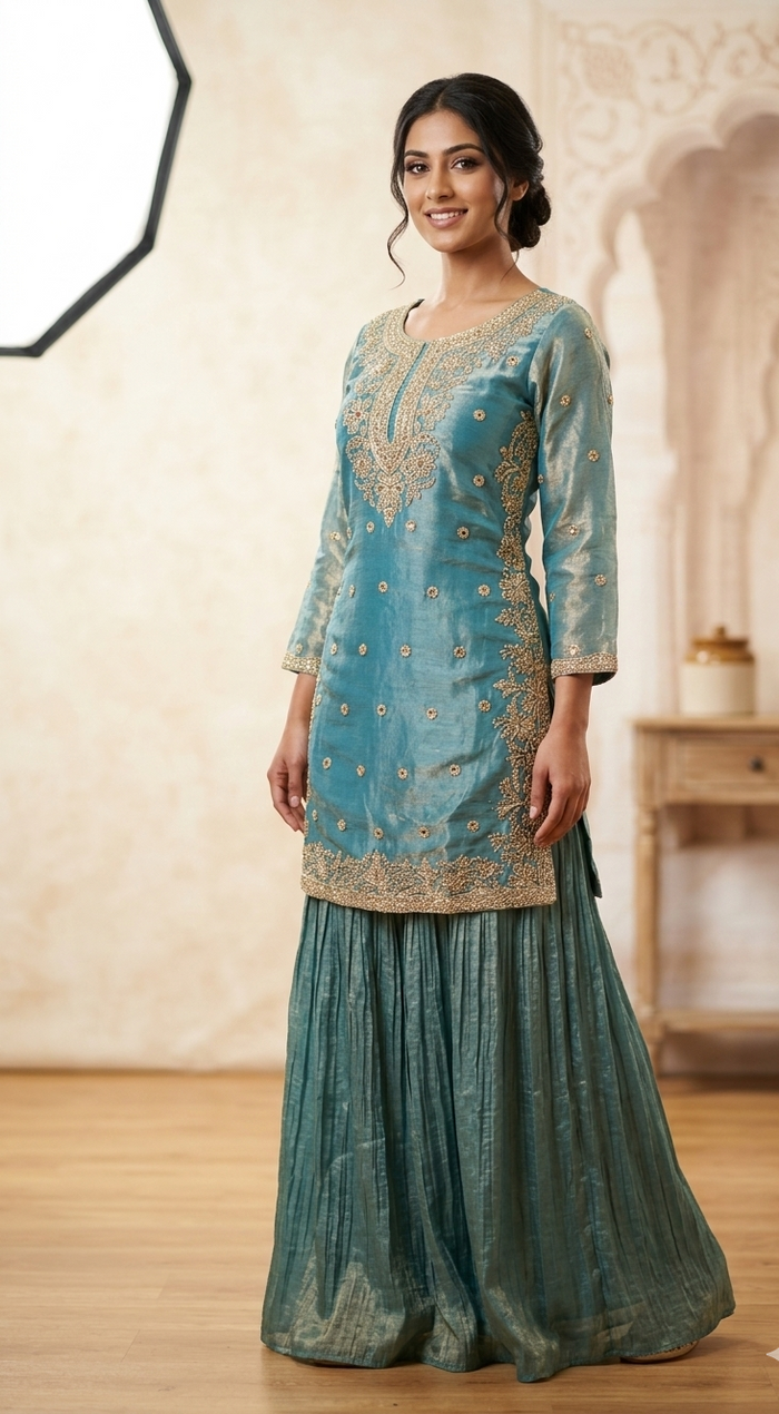 Turquoise Blue Embroidered Silk Sharara Suit Set