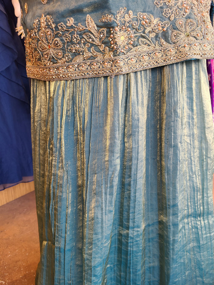 Turquoise Blue Embroidered Silk Sharara Suit Set