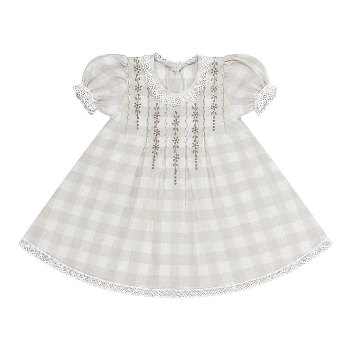 Veronica Beige Gingham Handembroidered Dress