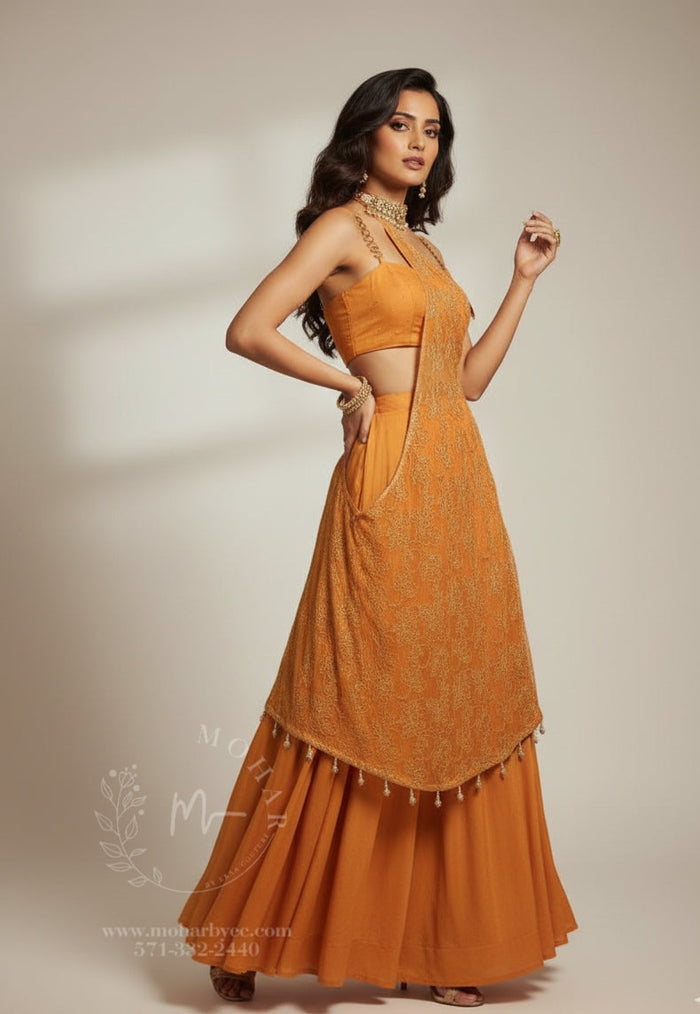 Vibrant Orange tone IndoWestern Sharara