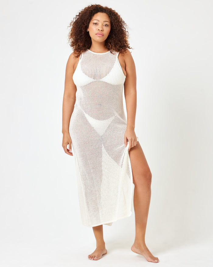 LSPACE Villa Nova cover-up in cream, front view on model.