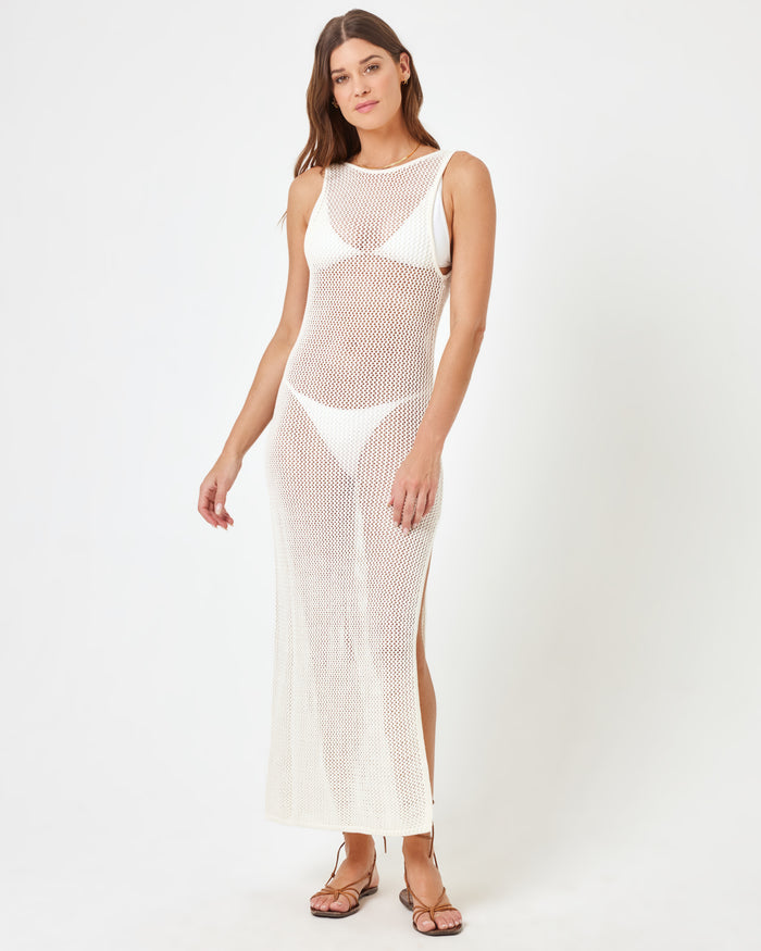 LSPACE Villa Nova cover-up in cream, front view on model.