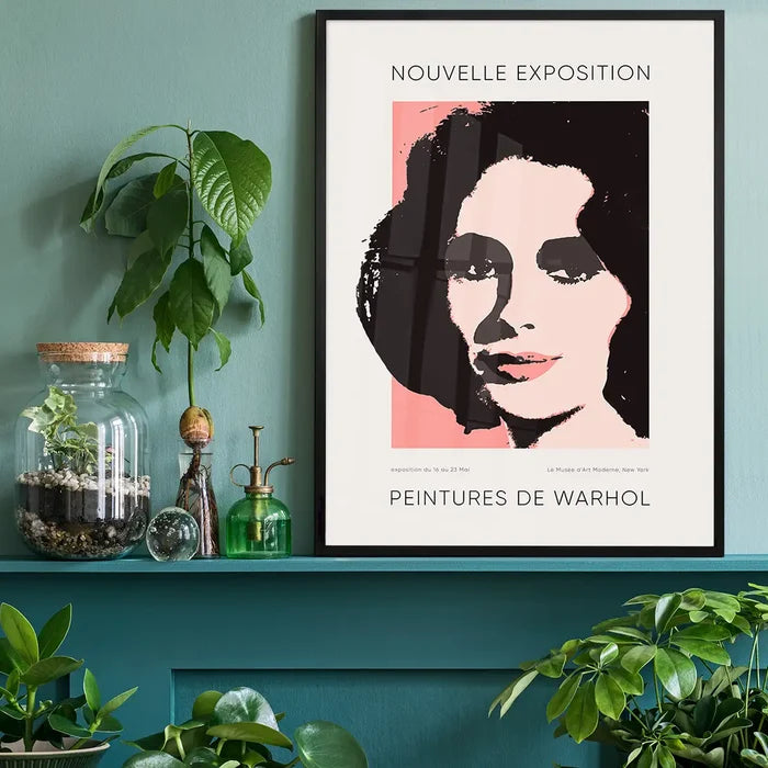 Warhol Nouvelle Exhibition Poster, fine art poster black framed on a living room shelf