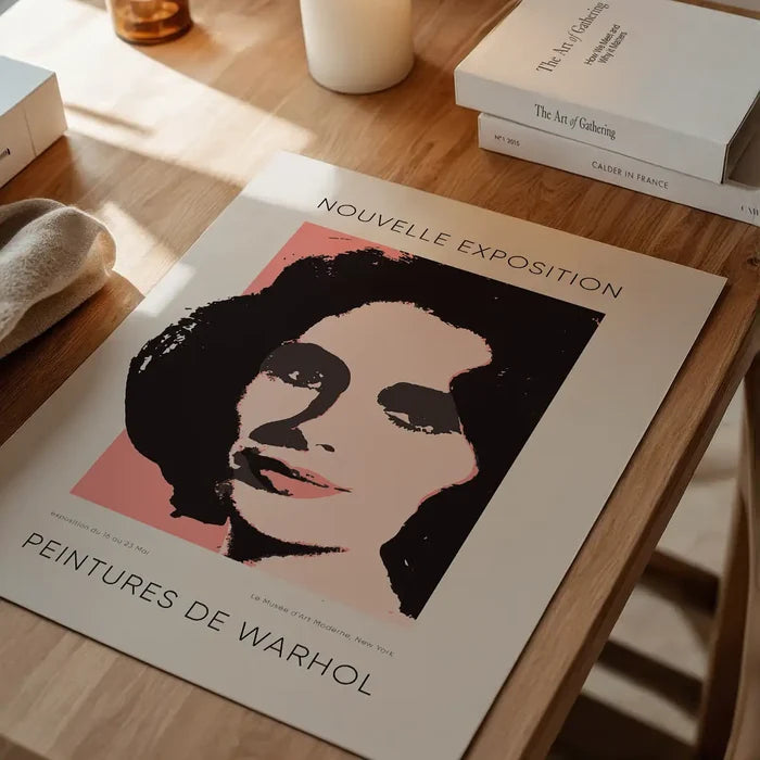 Warhol Nouvelle Exhibition Poster, fine art poster unframed on a home office desk