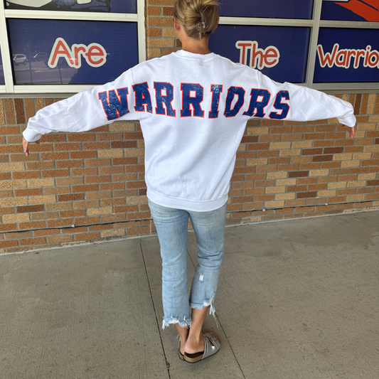WARRIORS WHITE SHOULDER TO SHOULDER OVERSIZED CREW SWEATSHIRT- GILDAN 18000