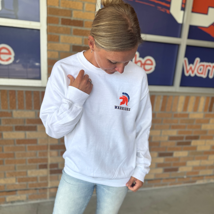 WARRIORS WHITE SHOULDER TO SHOULDER OVERSIZED CREW SWEATSHIRT- GILDAN 18000