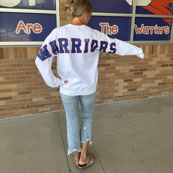 WARRIORS WHITE SHOULDER TO SHOULDER OVERSIZED CREW SWEATSHIRT- GILDAN 18000