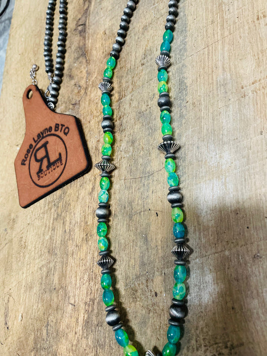 Western Silver Marbled green long Necklace