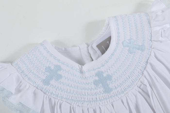 White and Blue Holy Smocked Bishop Dress - Lil Cactus